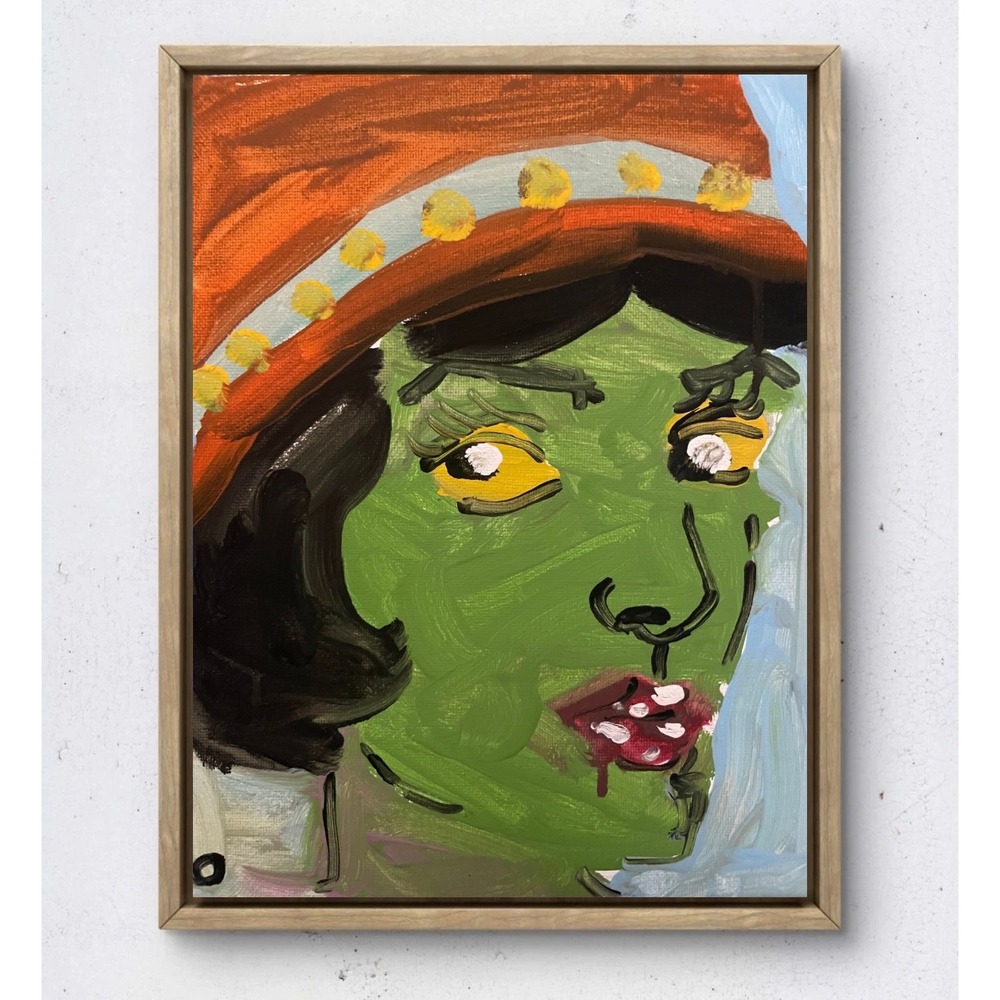OMAN Original Green Witch Portrait Acrylic Painting 8x10 Halloween Folk Art